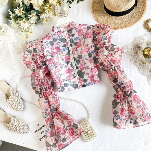 Camasa scurta dama casual cu guler inalt si model floral