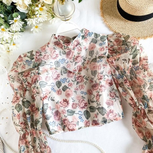 Camasa scurta dama casual cu guler inalt si model floral