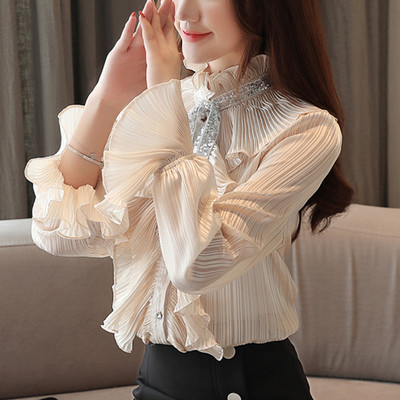 Cămașă elegantă de damă cu guler înalt și bucle