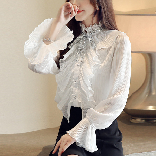 Cămașă elegantă de damă cu guler înalt și bucle