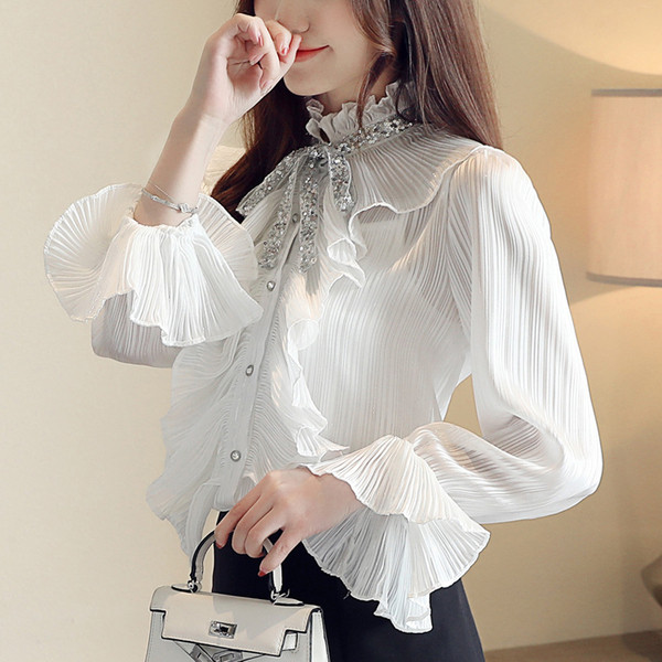 Cămașă elegantă de damă cu guler înalt și bucle