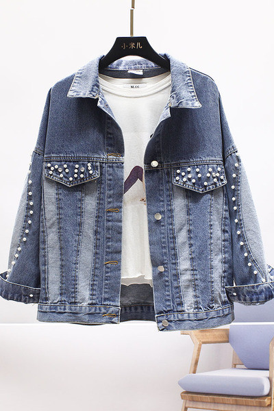 Модерно дамско дънково яке с джобове и перли 