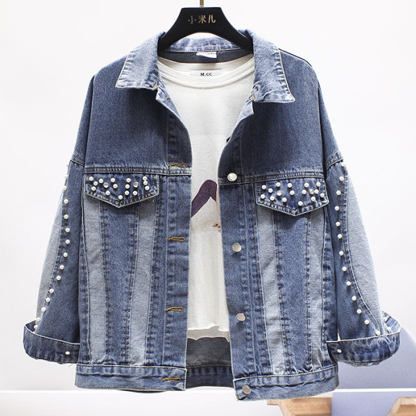 Модерно дамско дънково яке с джобове и перли 