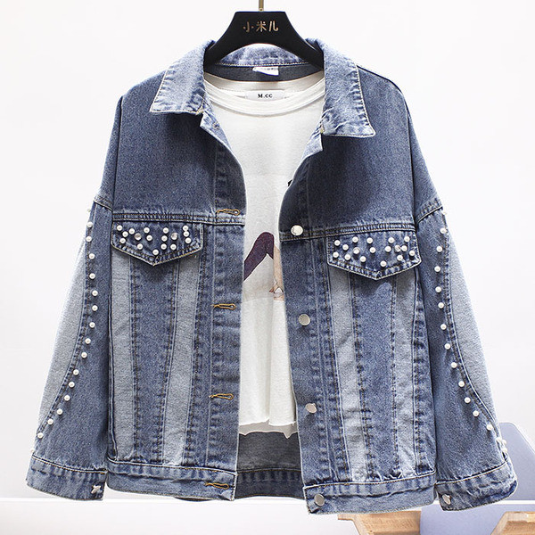 Модерно дамско дънково яке с джобове и перли 