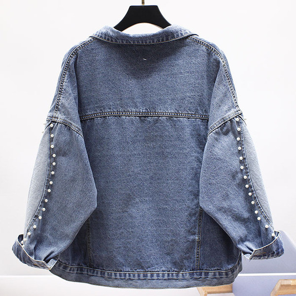 Модерно дамско дънково яке с джобове и перли 