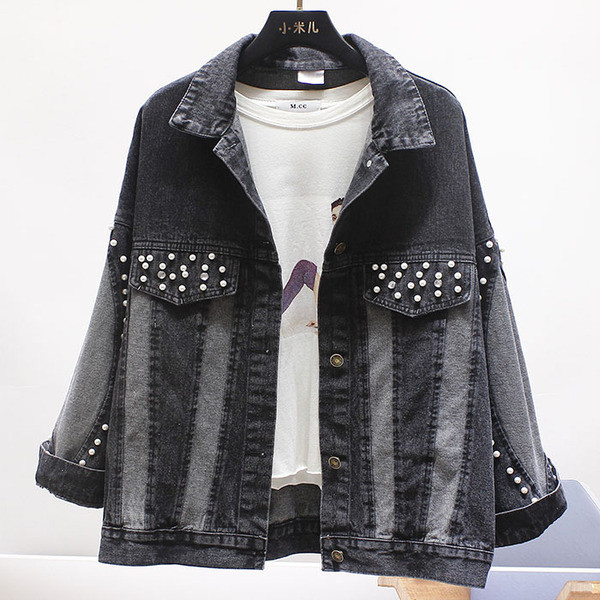 Модерно дамско дънково яке с джобове и перли 