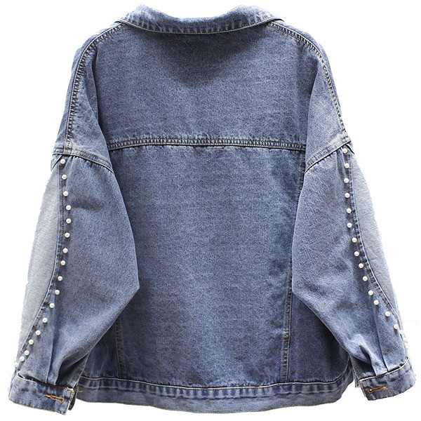 Модерно дамско дънково яке с джобове и перли 