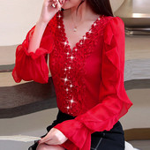 Cămașă elegantă de damă cu perle și decolteu spitz