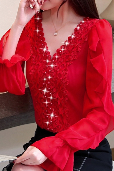 Cămașă elegantă de damă cu perle și decolteu spitz