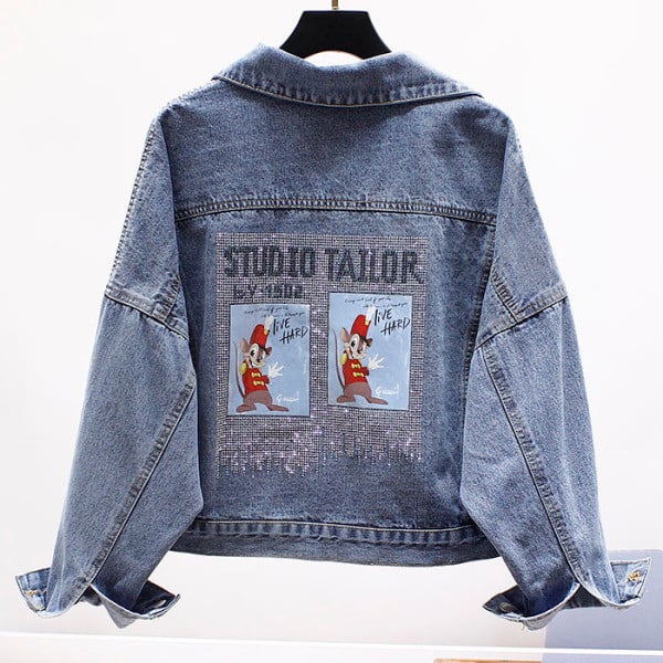 Jachetă de damă modernă scurtă din denim cu inscripție și aplicație