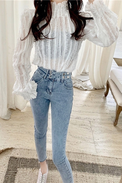 Bluză retro damă din dantelă cu guler semi-înalt