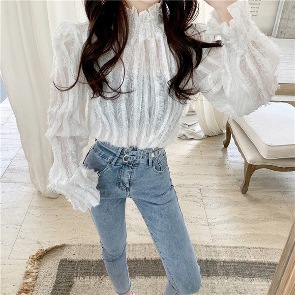 Bluză retro damă din dantelă cu guler semi-înalt