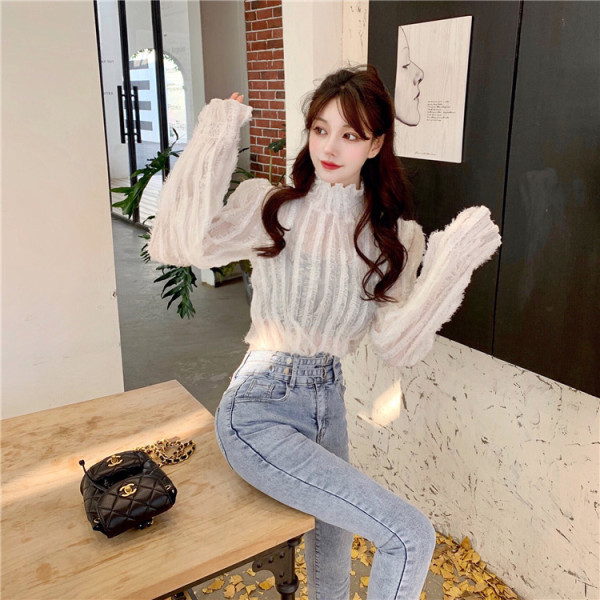 Bluză retro damă din dantelă cu guler semi-înalt