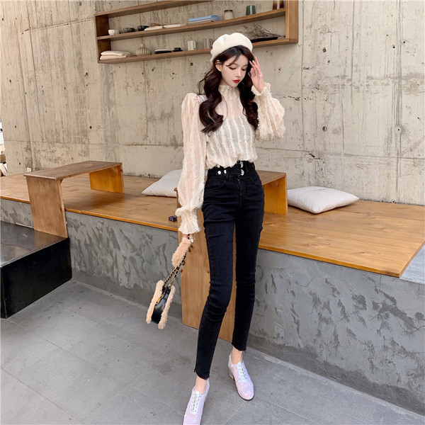 Bluză retro damă din dantelă cu guler semi-înalt