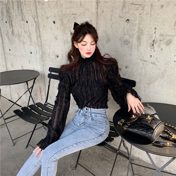 Bluză retro damă din dantelă cu guler semi-înalt