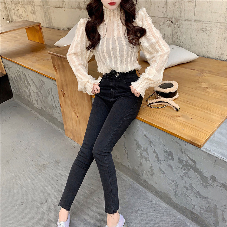 Bluză retro damă din dantelă cu guler semi-înalt