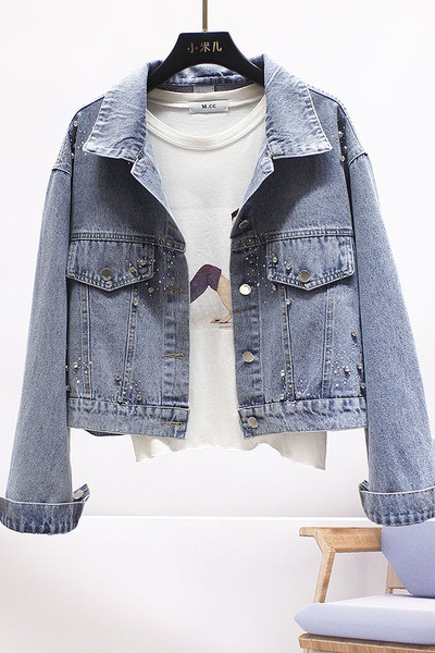 Jachetă modernă de damă din denim cu pietre argintii