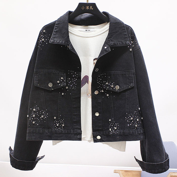 Jachetă modernă de damă din denim cu pietre argintii