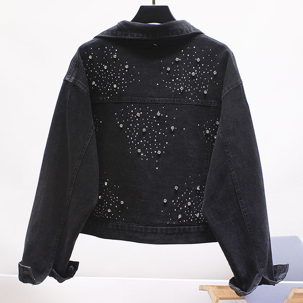 Jachetă modernă de damă din denim cu pietre argintii