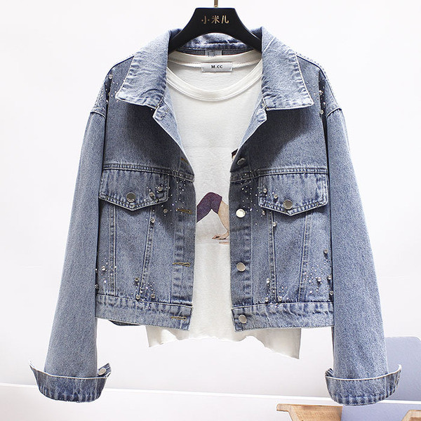 Jachetă modernă de damă din denim cu pietre argintii