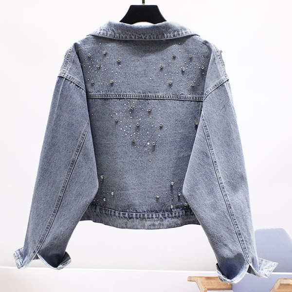 Jachetă modernă de damă din denim cu pietre argintii