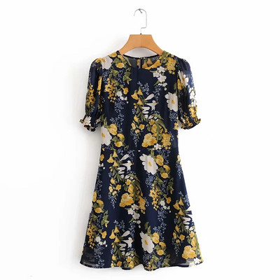 Modern női ruha virágmintás, rövid ujjú, kerek nyakkivágással