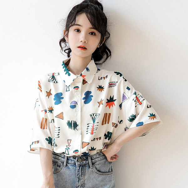 Cămașă fresh de vară de damă cu mâneci scurte și motive interesante