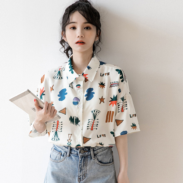 Cămașă fresh de vară de damă cu mâneci scurte și motive interesante