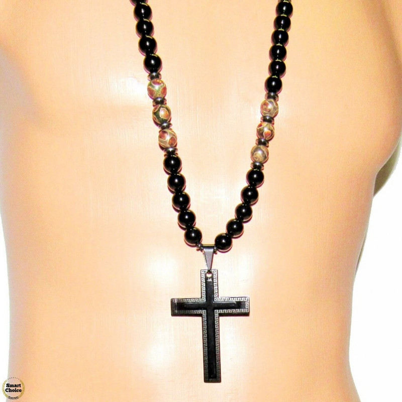 Мъжки гердан от естествени камъни Оникс, Хематит и Яспис Пикасо - DM-1083