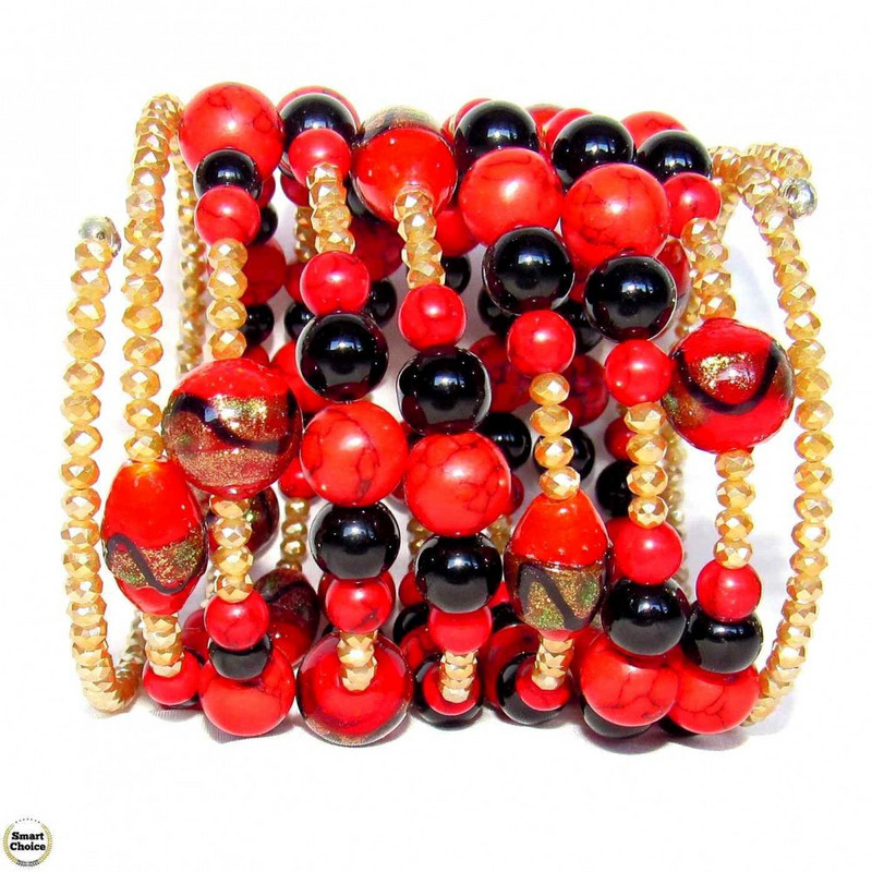 Уникална дамска гривна "Венеция" от Мурано стъкло, Оникс и Червен корал