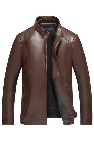 Vyriškos dirbtinės odos striukės rudens žiemos modeliai juodos ir tamsiai rudos spalvos