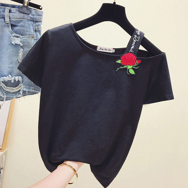 Moteriški marškinėliai trumpomis rankovėmis ir trijų spalvų siuvinėjimais: balta, juoda ir geltona