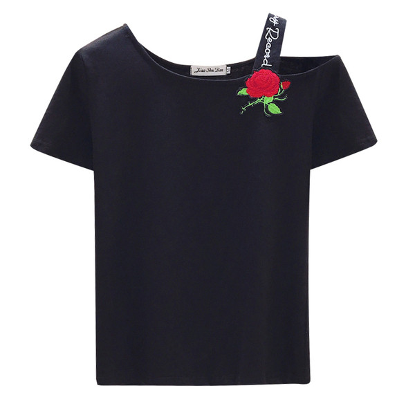 Moteriški marškinėliai trumpomis rankovėmis ir trijų spalvų siuvinėjimais: balta, juoda ir geltona