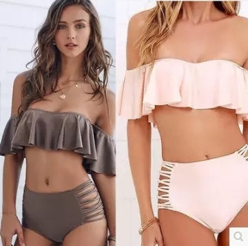 Moteriškas dviejų dalių maudymosi kostiumėlis nuleistais pečiais: juoda, ruda, balta, rožinė, mėlyna