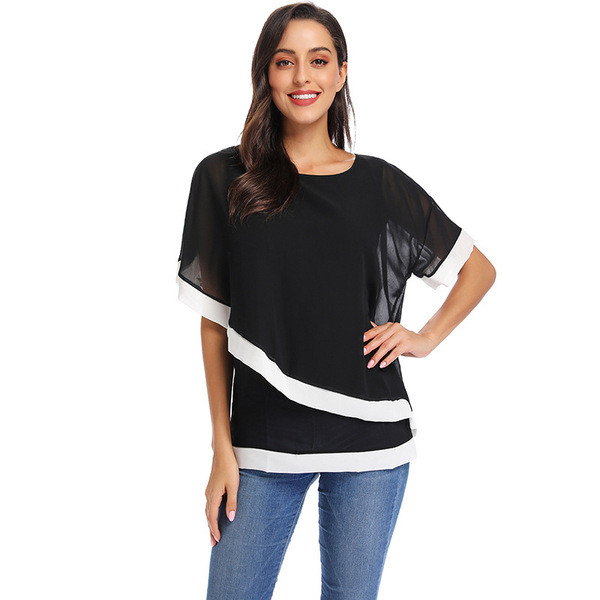 Дамска лятна шифонена тениска три цвята сив, съмносин и черен - малки и макси размери
