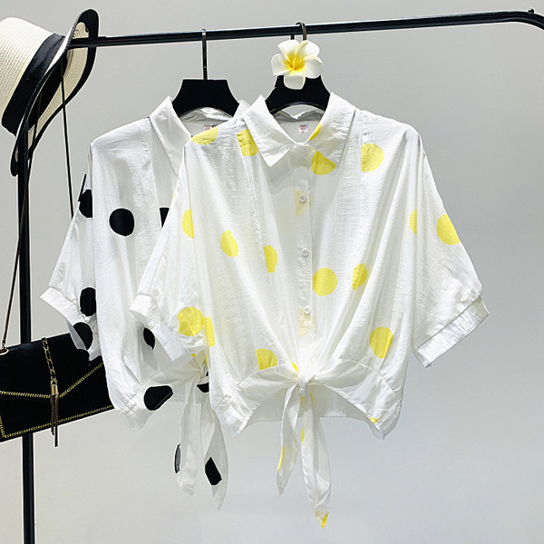 Naujo modelio moteriški marškiniai su klasikine apykakle su taškeliais ir kaklaraiščiais