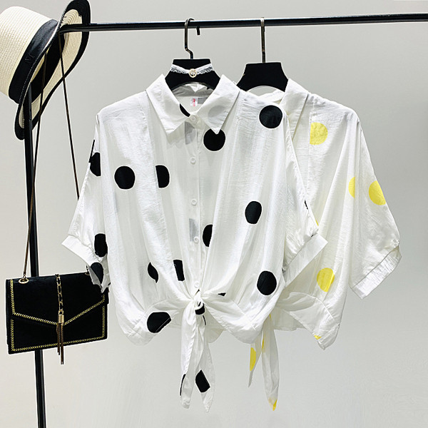 Naujo modelio moteriški marškiniai su klasikine apykakle su taškeliais ir kaklaraiščiais