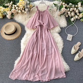 Модерна дамска рокля с тънки презрамки и ластична талия