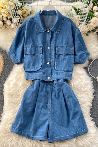 Модерен дамски къс дънков гащеризон с къс ръкав