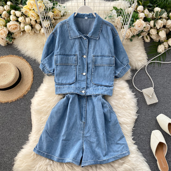 Модерен дамски къс дънков гащеризон с къс ръкав