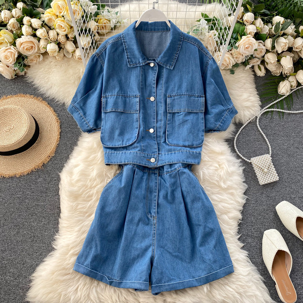 Модерен дамски къс дънков гащеризон с къс ръкав