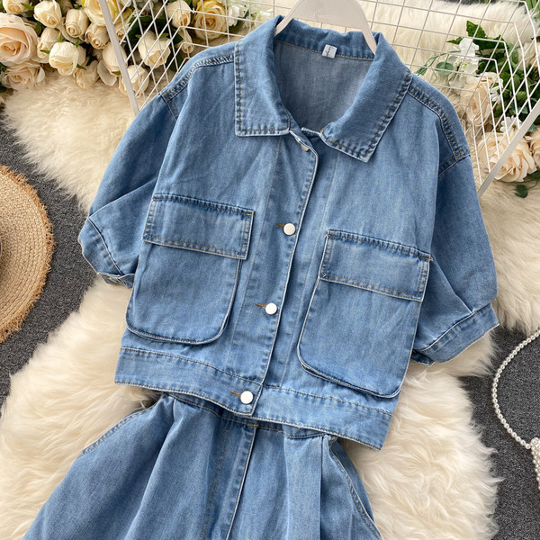 Модерен дамски къс дънков гащеризон с къс ръкав