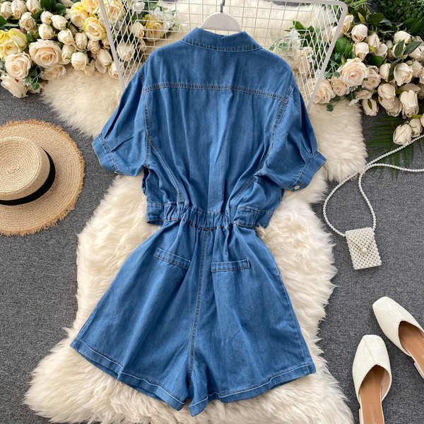 Модерен дамски къс дънков гащеризон с къс ръкав