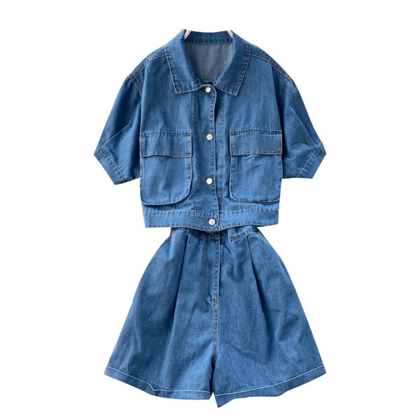 Модерен дамски къс дънков гащеризон с къс ръкав