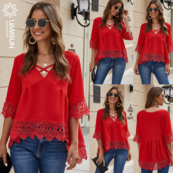 Модерна дамска риза с дантела и 3/4 ръкав в червен цвят 
