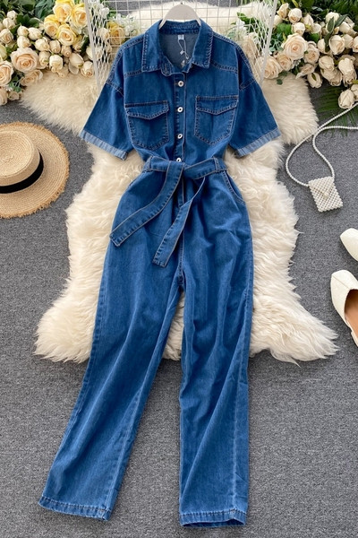 Дамски ежедневен дълъг гащеризон с къс ръкав и колан