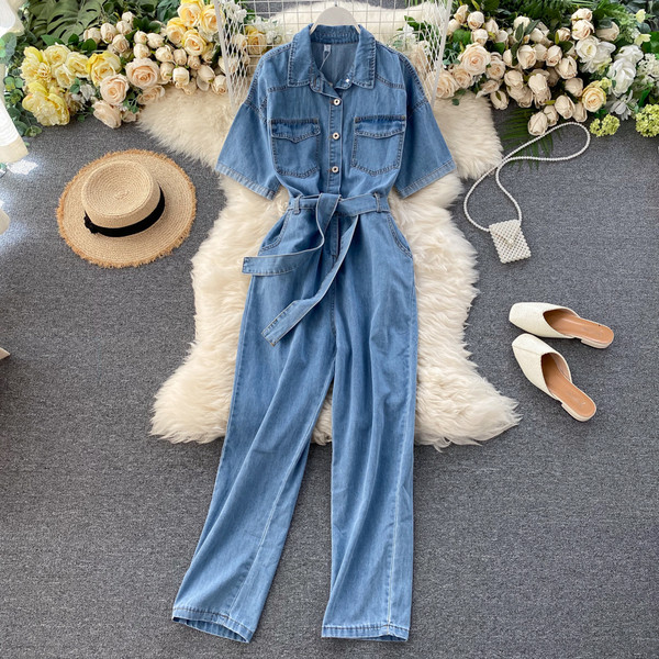 Дамски ежедневен дълъг гащеризон с къс ръкав и колан