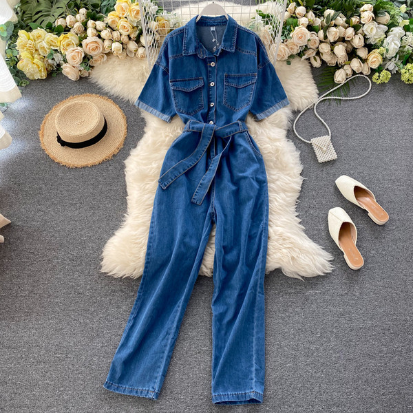 Дамски ежедневен дълъг гащеризон с къс ръкав и колан