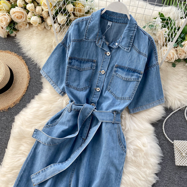 Дамски ежедневен дълъг гащеризон с къс ръкав и колан