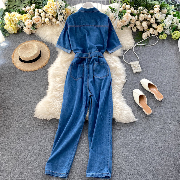 Дамски ежедневен дълъг гащеризон с къс ръкав и колан